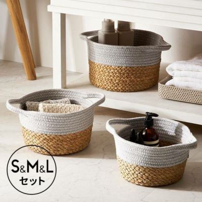 バスケット 3個セット コットンロープ ラッシュ製 持ち手付き バイカラー S.M.L  かごバスケット 収納 かご 籠 丸 円形 丸型  プランターカバー 鉢カバー サイズ違い  5号鉢 6号鉢 7号鉢対応 インテリア おしゃれ 北