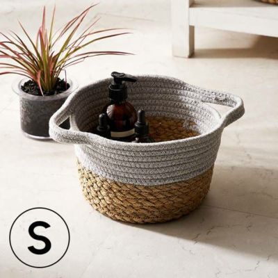 バスケット コットンロープ ラッシュ製 持ち手付き バイカラー Sサイズ 約 W 22 × D 22 × H 14 cm かごバスケット 収納 かご 籠 丸 円形 丸型  プランターカバー  鉢カバー 5号鉢対応 インテリア おしゃれ 北欧 観