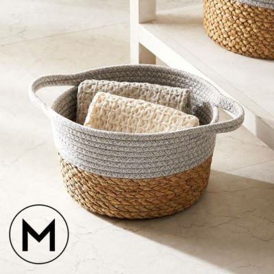バスケット コットンロープ ラッシュ製 持ち手付き バイカラー Mサイズ 約 W 25 × D 25 × H 15 cm かごバスケット 収納 かご 籠 丸 円形 丸型  プランターカバー 鉢カバー  6号鉢対応 インテリア おしゃれ 北欧 観