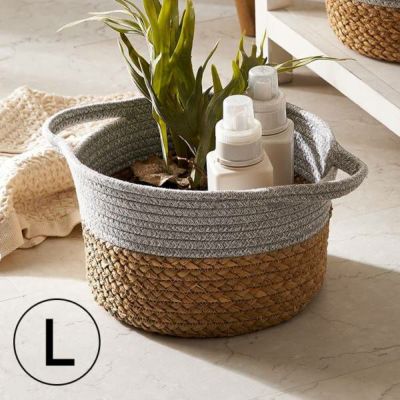 バスケット コットンロープ ラッシュ製 持ち手付き バイカラー Lサイズ 約 W 27 × D 27 × H 17 cm かごバスケット 収納 かご 籠 丸 円形 丸型  プランターカバー  鉢カバー 7号鉢対応 インテリア おしゃれ 北欧 観