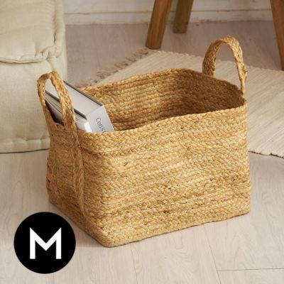 かご バスケット 持ち手付き ジュート 麻 Mサイズ 約 W 26cm D 32cm H 23cm ナチュラル ベージュ 収納かご 折りたたみ可 籠 カゴ 荷物入れ リビング収納  ハンドル 衣類 収納 おもちゃ入れ ランドリーバスケット 大