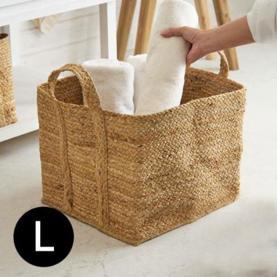 かご バスケット 持ち手付き ジュート 麻 Lサイズ 約 W 32cm D 38cm H 28cm ナチュラル ベージュ 収納かご 折りたたみ可 籠 カゴ 荷物入れ リビング収納  ハンドル 衣類 収納 おもちゃ入れ ランドリーバスケット 大