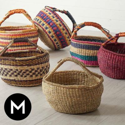 バスケット シーグラス 持ち手付き Mサイズ 約 W 35cm D 35cm H 21cm ナチュラル レッド ブラウン ストライプ ボーダー かごバスケット 収納 天然素材 かご 籠 丸 円形 丸型 カゴ 収納ケース 見せる収納 インテリア 