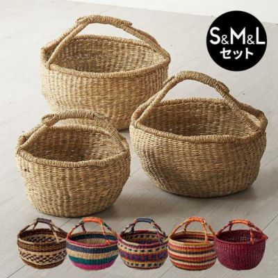 バスケット シーグラス 持ち手付き S M L 3個セット ナチュラル レッド ブラウン ストライプ ボーダー かごバスケット 収納 天然素材 かご 籠 丸 円形 丸型 カゴ 収納ケース 収納かご 見せる収納 インテリア おしゃ