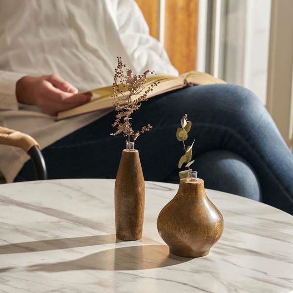 一輪挿し フラワーベース 木製 マンゴー ウッド 天然木 ガラス 花瓶 約