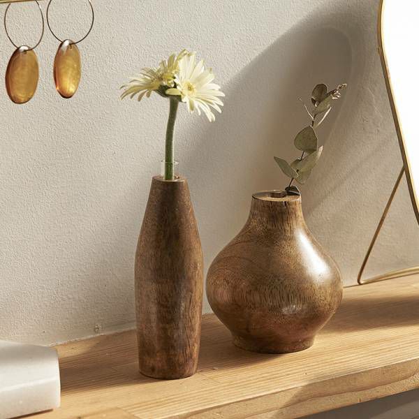 一輪挿し フラワーベース 木製 マンゴー ウッド 天然木 ガラス 花瓶 約