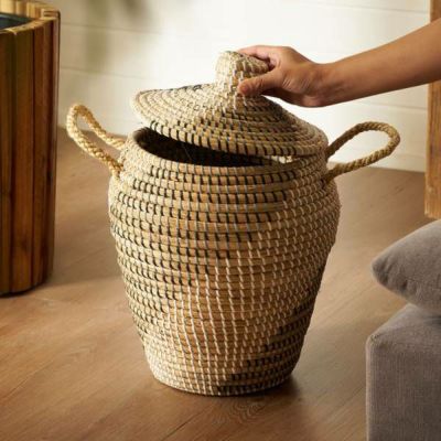 バスケット ふた付き 持ち手付 かごバスケット シーグラス 約 W 30cm D 30cm H 39cm ナチュラル ブラック 収納 セネガルバスケット 蓋付き シーグラスバスケット 収納バスケット ダストボックス 荷物入れ 荷物かご 