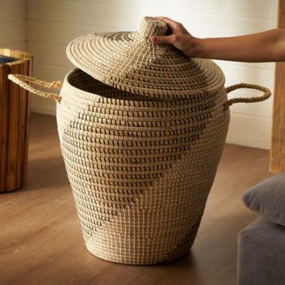バスケット ふた付き 持ち手付 かごバスケット シーグラス 約 W 44cm D 44cm H 60cm ナチュラル ブラック 収納 セネガルバスケット 蓋付き シーグラスバスケット 収納バスケット ダストボックス 荷物入れ 荷物かご 