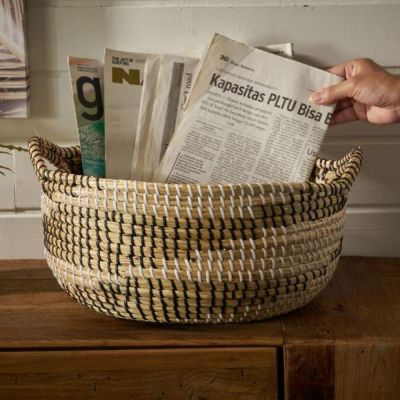 バスケット 持ち手付き かごバスケット シーグラス 約 W 35cm D 35cm H 20cm ナチュラル ブラック 収納 セネガルバスケット ハンドル付き シーグラスバスケット 収納バスケット ストッカー 荷物入れ 荷物かご おしゃ