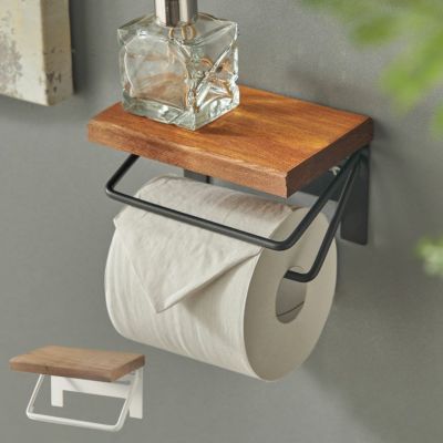 トイレットペーパーホルダー シングル 1連 棚付き 天然木 木製 アイアン 約 W 16cm D 11.5cm H 9.5cm ブラウン ベージュ トイレットペーパー ホルダー 収納 DIY アンティーク ヴィンテージ ナチュラル Sylph シルフ 