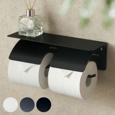 トイレットペーパーホルダー ダブル 2連 棚付き スチール 約 W 30cm D 11cm H 9cm ブラック グレー ホワイト トイレットペーパー ホルダー 収納 DIY シンプル モダン ヴィンテージ フタ付き カバー付き おしゃれ 北