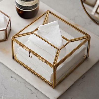 ティッシュケース ティッシュボックス ハーフ サイズ ガラス 真鍮 ふた付き 蓋付き 約 W 12cm D 11.5cm H 6.2cm コンパクト ティッシュ ティッシュボックスケース ティッシュボックスカバー ティッシュカバー おしゃ