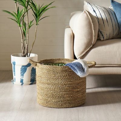 シーグラス かご バスケット 収納 おしゃれ かごバスケット 持ち手付き 天然素材 W40×D40×H32cm 小物入れ ディスプレイ インテリア キッチン 収納かご プランターカバー 玄関 スリッパ収納 北欧 籠 西海岸インテリ