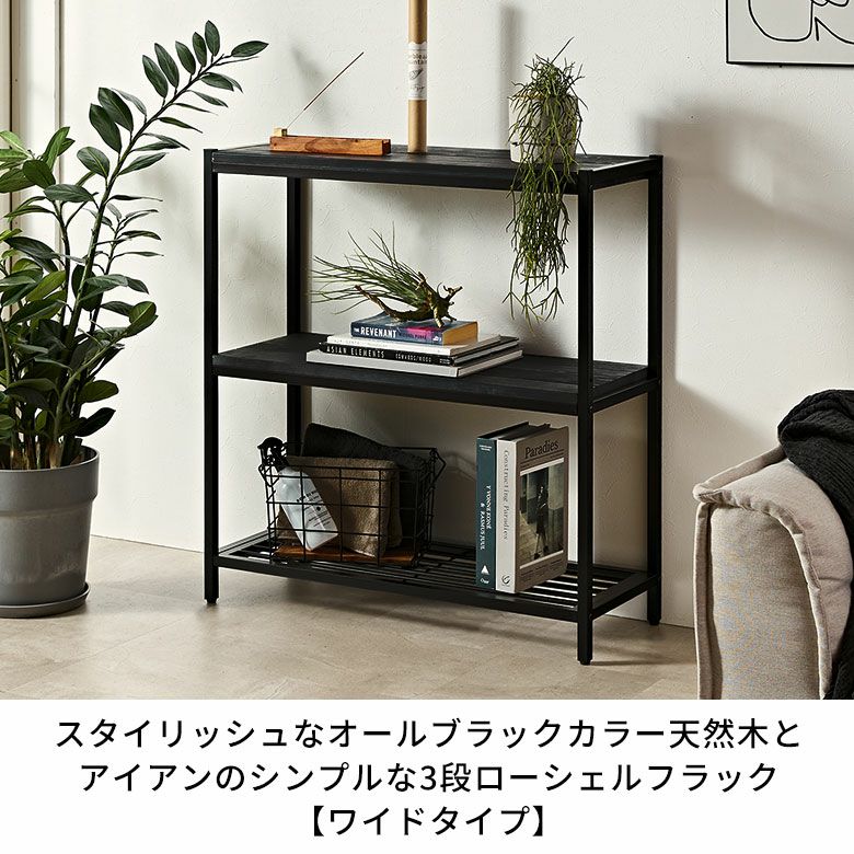 スタイリッシュなオールブラックカラー天然木とアイアンの