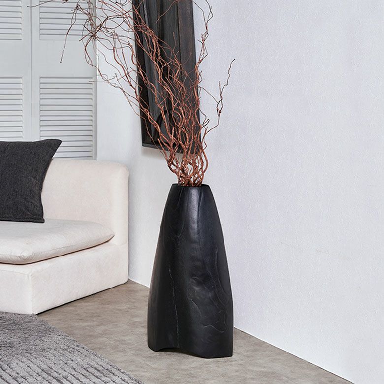 チークの木目が美しい木彫りのドライフラワーベース [14272]