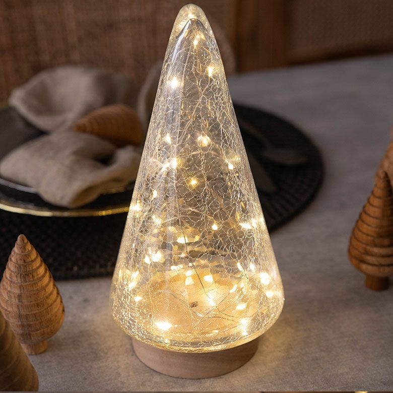 インテリアに馴染むオークウッドとクラックガラスのLEDライト ツリー